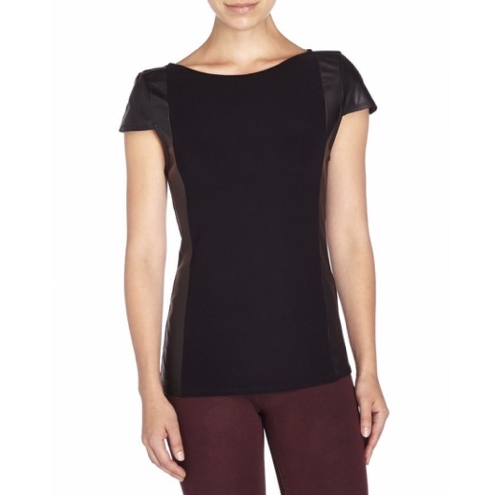 Alice + Olivia Leather Detail Cap Sleeve Top Small